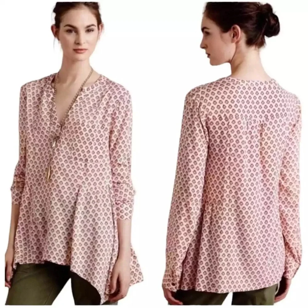 Maeve by Anthropologie Women Size 4 Loose Flowy Blouse Laiken Print Henley‎